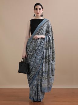 Jaipur Kurti - Grey Mulmul Cotton Floral Printed Saree with Unstitched Blouse
