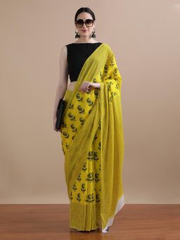 Jaipur Kurti - Yellow Mulmul Cotton Paisley Printed Saree with Unstitched Blouse