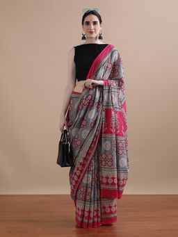 Jaipur Kurti - Grey Mulmul Cotton Printed Saree with Unstitched Blouse
