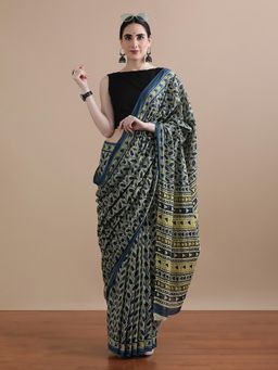 Jaipur Kurti - Green Mulmul Cotton Floral Printed Saree with Unstitched Blouse