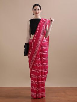 Jaipur Kurti - Pink Mulmul Cotton Bandhani Printed Saree with Unstitched Blouse