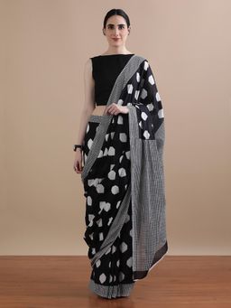 Jaipur Kurti - Black Mulmul Cotton Geometric Printed Saree with Unstitched Blouse