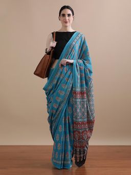 Jaipur Kurti - Aqua Mulmul Cotton Floral Printed Saree with Unstitched Blouse