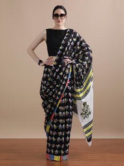 Jaipur Kurti - Black Mulmul Cotton Printed Saree with Unstitched Blouse