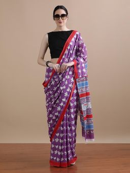 Jaipur Kurti - Purple Mulmul Cotton Printed Saree with Unstitched Blouse