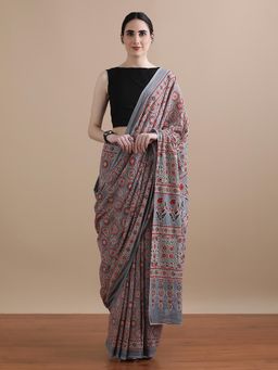 Jaipur Kurti - Grey Mulmul Cotton Floral Printed Saree with Unstitched Blouse