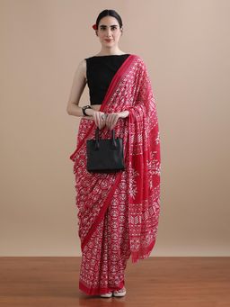 Jaipur Kurti - Red Mulmul Cotton Floral Printed Saree with Unstitched Blouse