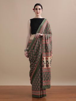Jaipur Kurti - Green Mulmul Cotton Floral Printed Saree with Unstitched Blouse