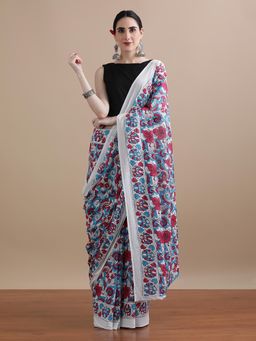 Jaipur Kurti - White Mulmul Cotton Floral Printed Saree with Unstitched Blouse