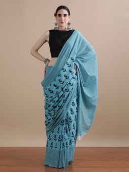 Jaipur Kurti - Blue Mulmul Cotton Paisley Printed Saree with Unstitched Blouse