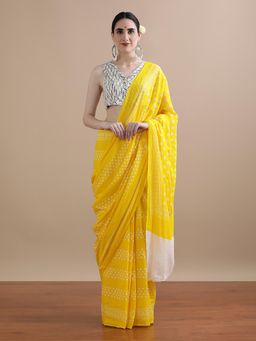 Jaipur Kurti - Yellow Mulmul Cotton Bandhani Printed Saree with Unstitched Blouse