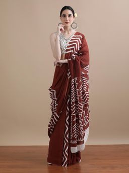 Jaipur Kurti - Brown Mulmul Cotton Geometric Printed Saree with Unstitched Blouse