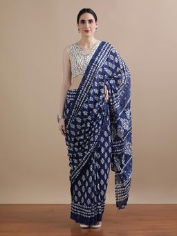 Jaipur Kurti - Navy Blue Mulmul Cotton Floral Printed Saree with Unstitched Blouse