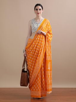 Jaipur Kurti - Orange Mulmul Cotton Floral Printed Saree with Unstitched Blouse