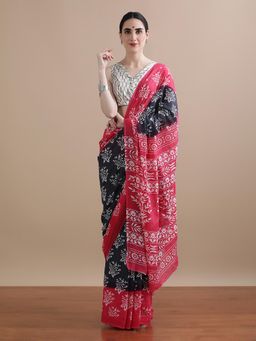 Jaipur Kurti - Navy Blue Mulmul Cotton Floral Printed Saree with Unstitched Blouse