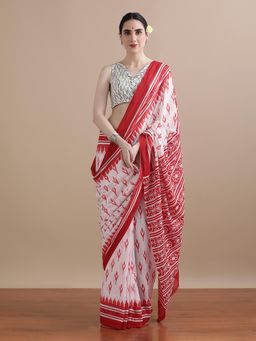 Jaipur Kurti - White Mulmul Cotton Printed Saree with Unstitched Blouse