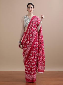 Jaipur Kurti - Red Mulmul Cotton Floral Printed Saree with Unstitched Blouse