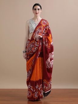 Jaipur Kurti - Orange Mulmul Cotton Printed Saree with Unstitched Blouse