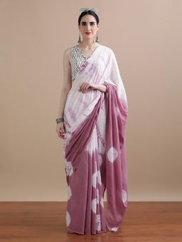 Jaipur Kurti - White Mulmul Cotton Tie and Dye Printed Saree with Unstitched Blouse