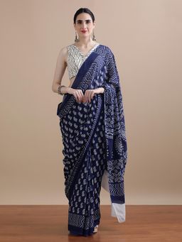 Jaipur Kurti - Navy Blue Mulmul Cotton Printed Saree with Unstitched Blouse