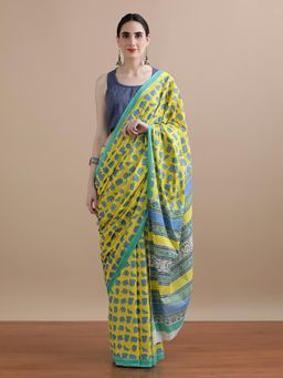 Jaipur Kurti - Yellow Mulmul Cotton Printed Saree with Unstitched Blouse