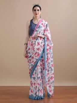 Jaipur Kurti - White Mulmul Cotton Floral Printed Saree with Unstitched Blouse