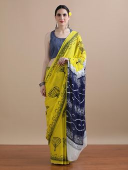 Jaipur Kurti - Yellow Mulmul Cotton Floral Printed Saree with Unstitched Blouse