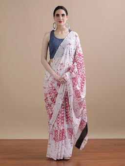 Jaipur Kurti - White Mulmul Cotton Printed Saree with Unstitched Blouse