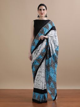 Jaipur Kurti - White Mulmul Cotton Printed Saree with Unstitched Blouse