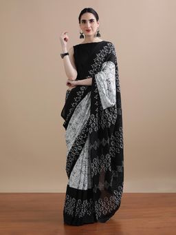 Jaipur Kurti - White Mulmul Cotton Printed Saree with Unstitched Blouse