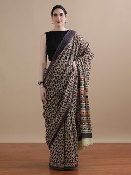 Jaipur Kurti - Green Mulmul Cotton Floral Printed Saree with Unstitched Blouse
