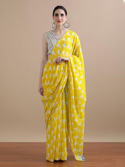 Jaipur Kurti - Yellow Mulmul Cotton Geometric Printed Saree with Unstitched Blouse