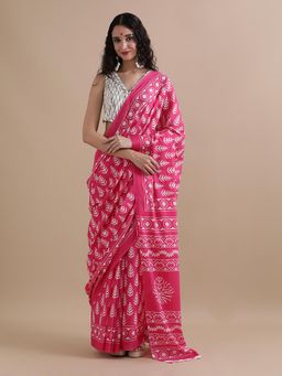 Jaipur Kurti - Pink Mulmul Cotton Floral Printed Saree with Unstitched Blouse
