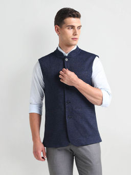 Arrow - Solid/Plain Navy Blue Nehru Jacket