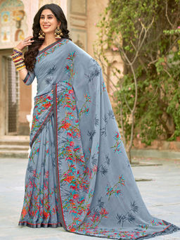 Odette - Grey Georgette Floral Printed Saree with Unstitched Blouse
