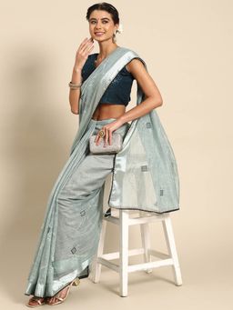 Odette - Blue Cotton Embroidered Saree with Unstitched Blouse