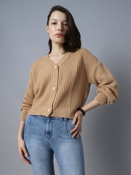 High Star - Ribbed V-Neck Long Sleeves Acrylic Cardigan Sweaters