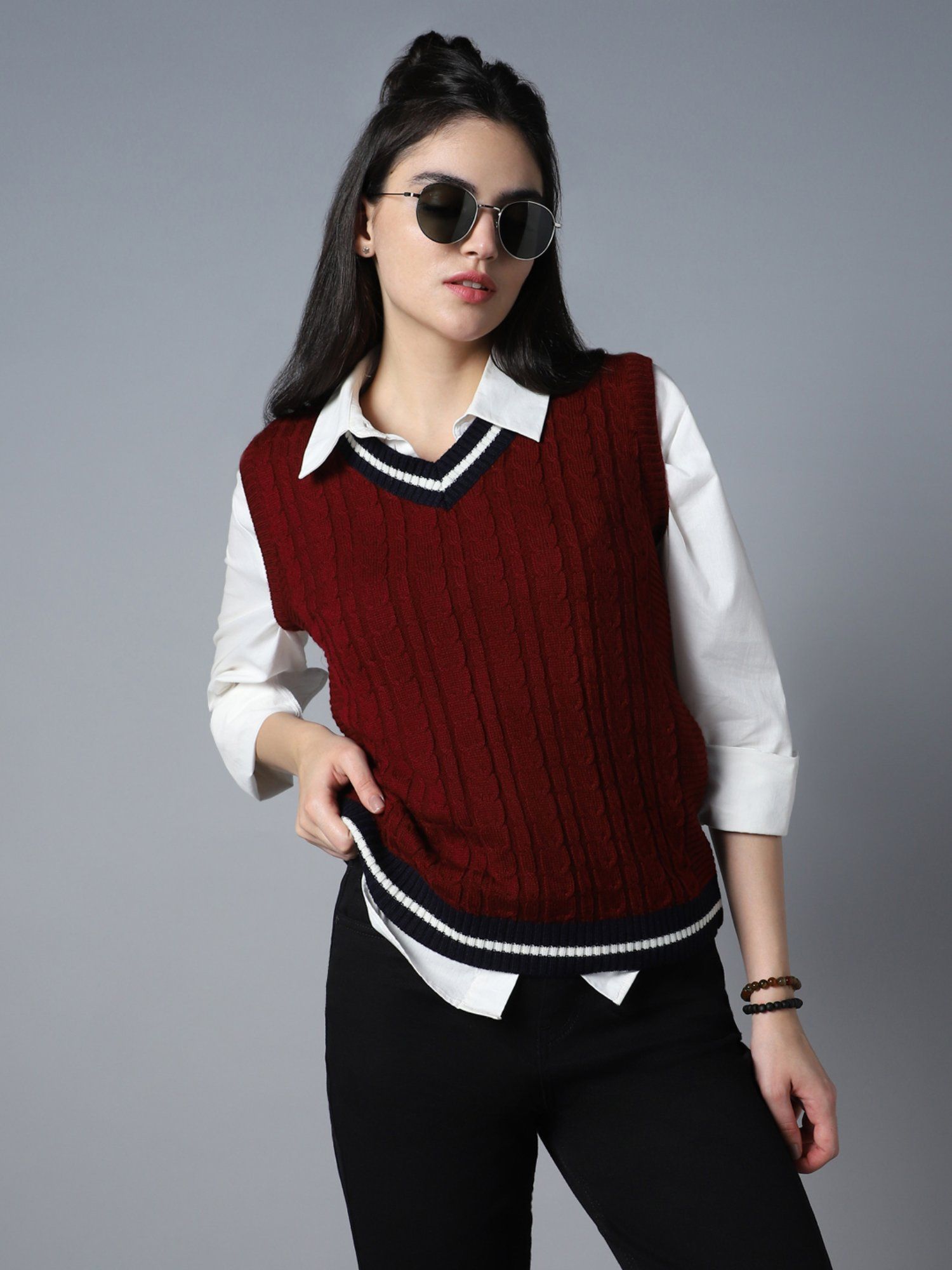 Buy High Star Cable Knit V-Neck Sleeveless Acrylic Sweater Vest Online