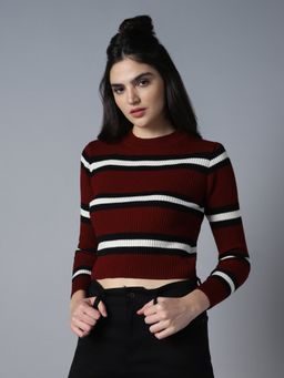 High Star - Striped Round Neck Long Sleeve Acrylic Crop Pullover Sweaters