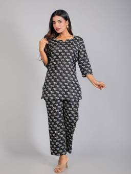 House of Gulab - Black Elephant Motifs On Cotton Co-Ord Set