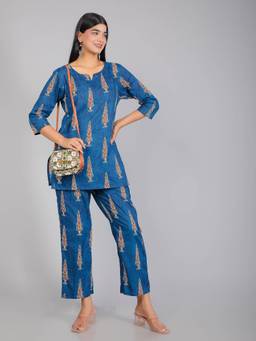 House of Gulab - Blue Pine Tree Motifs Cotton Co-Ord Set