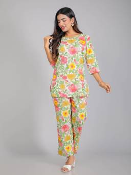 House of Gulab - Multi-Color Tropical Floral Motifs On Cotton Lounge Co-Ord Set