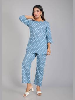 House of Gulab - Blue Motifs On Cotton Lounge Co-Ord Set