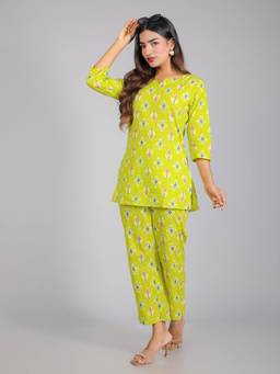 House of Gulab - Green Motifs On Cotton Lounge Co-Ord Set