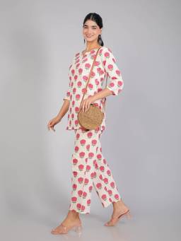 House of Gulab - Cream Floral Motifs On Cotton Lounge Co-Ord Set