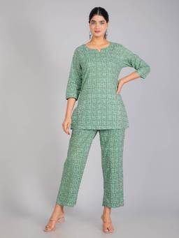 House of Gulab - Green Abstract Print Cotton Co-Ord Set