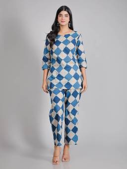 House of Gulab - Blue Geometric Motifs Cotton Co-Ord Set