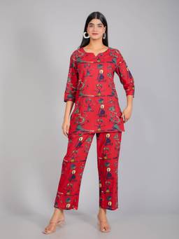 House of Gulab - Red Abstract Figurines Motifs Co-Ord Set