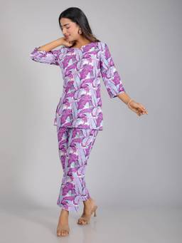 House of Gulab - Purple Floral Motifs On Cotton Lounge Co-Ord Set