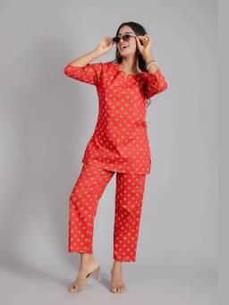 House of Gulab - Red Motifs On Cotton Lounge Co-Ord Set